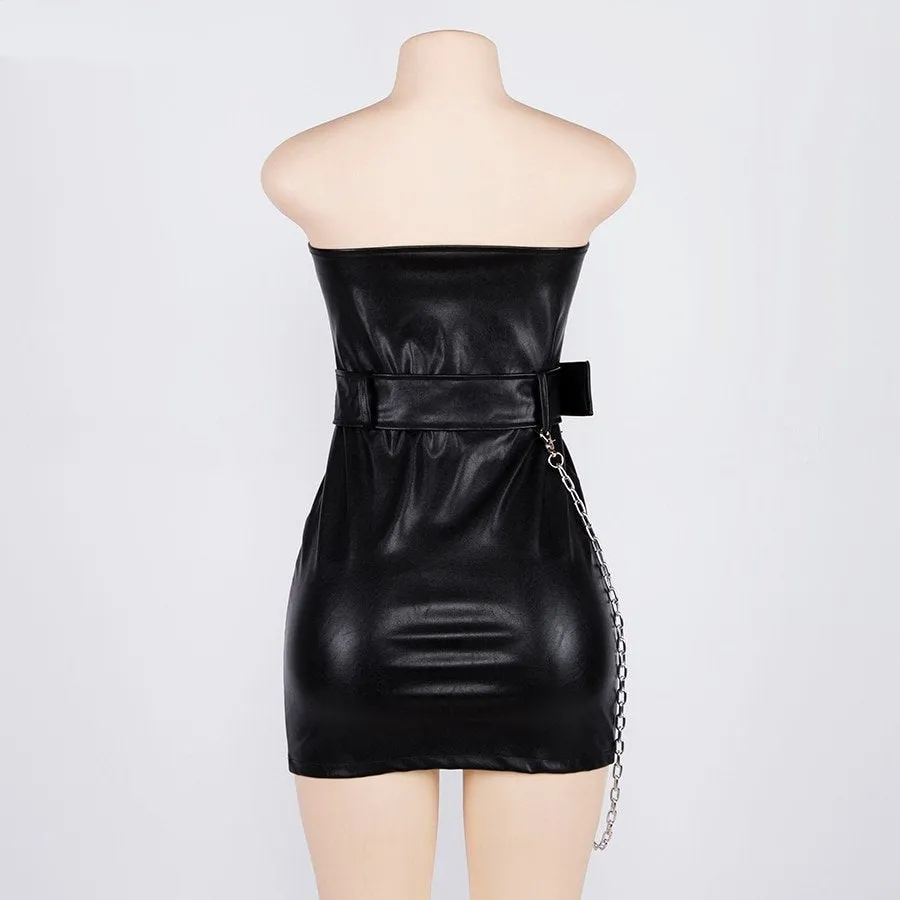 Women's Spring PU Leather Zipper Sleeveless Dress
