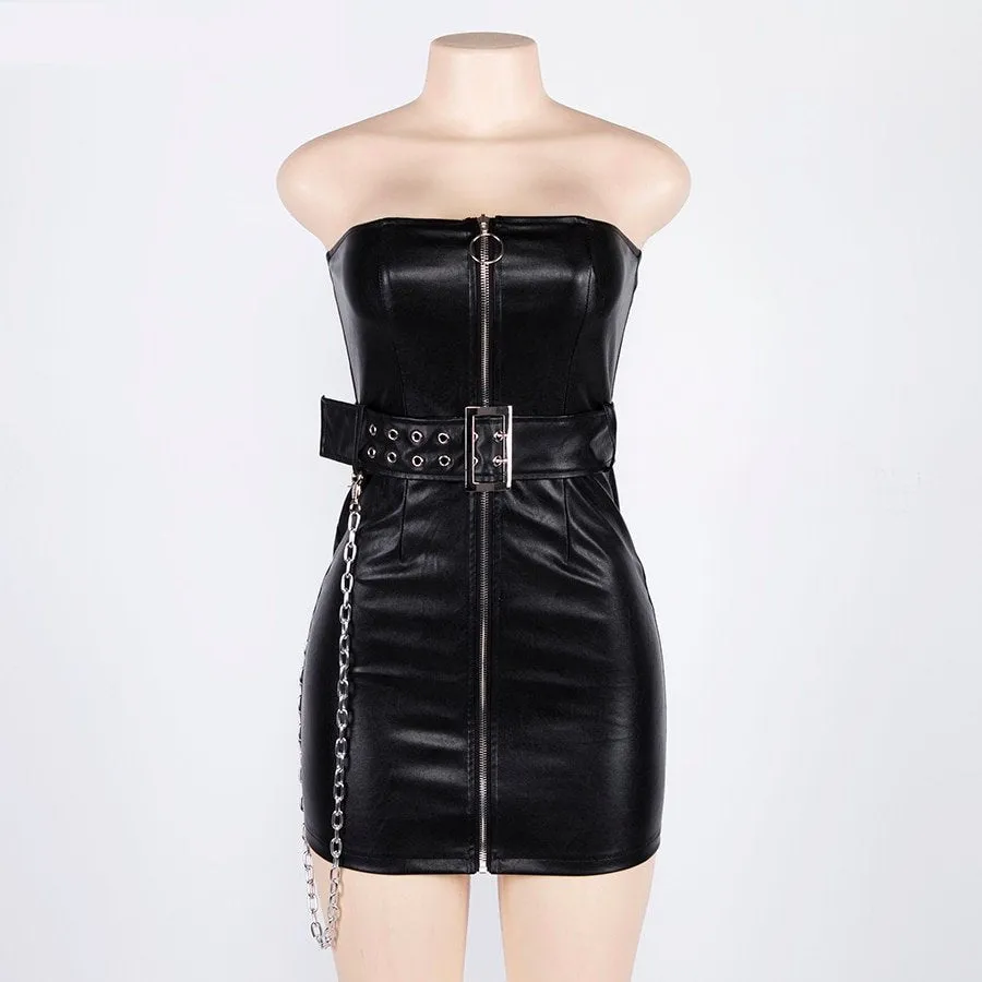 Women's Spring PU Leather Zipper Sleeveless Dress