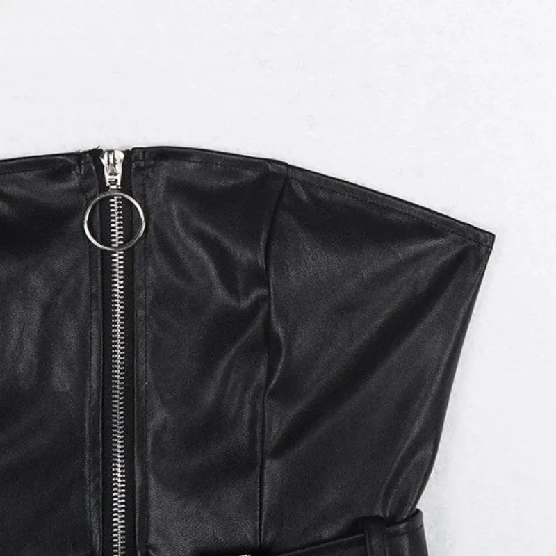 Women's Spring PU Leather Zipper Sleeveless Dress