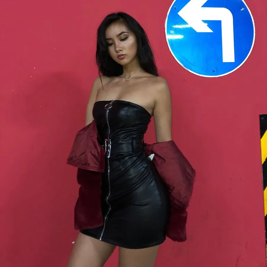 Women's Spring PU Leather Zipper Sleeveless Dress