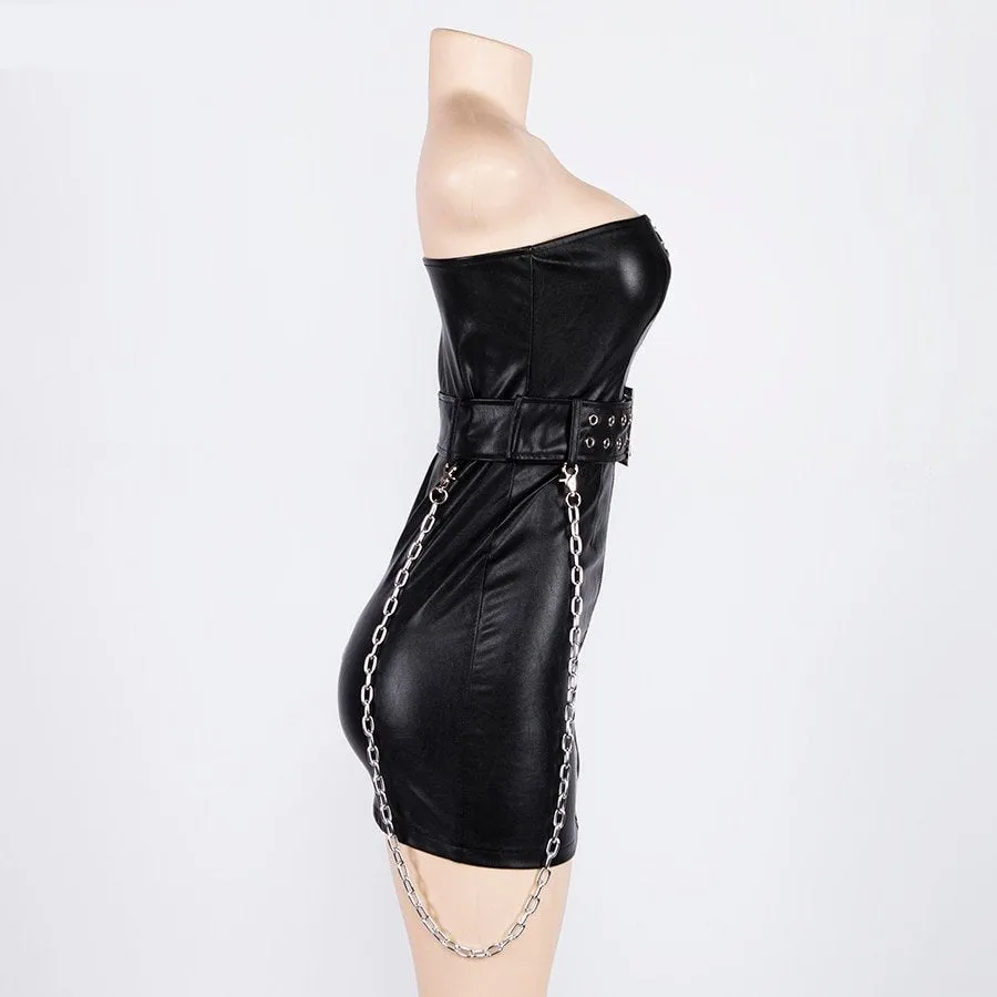 Women's Spring PU Leather Zipper Sleeveless Dress