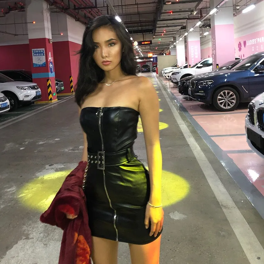 Women's Spring PU Leather Zipper Sleeveless Dress