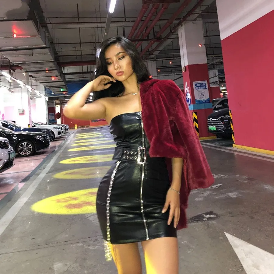 Women's Spring PU Leather Zipper Sleeveless Dress