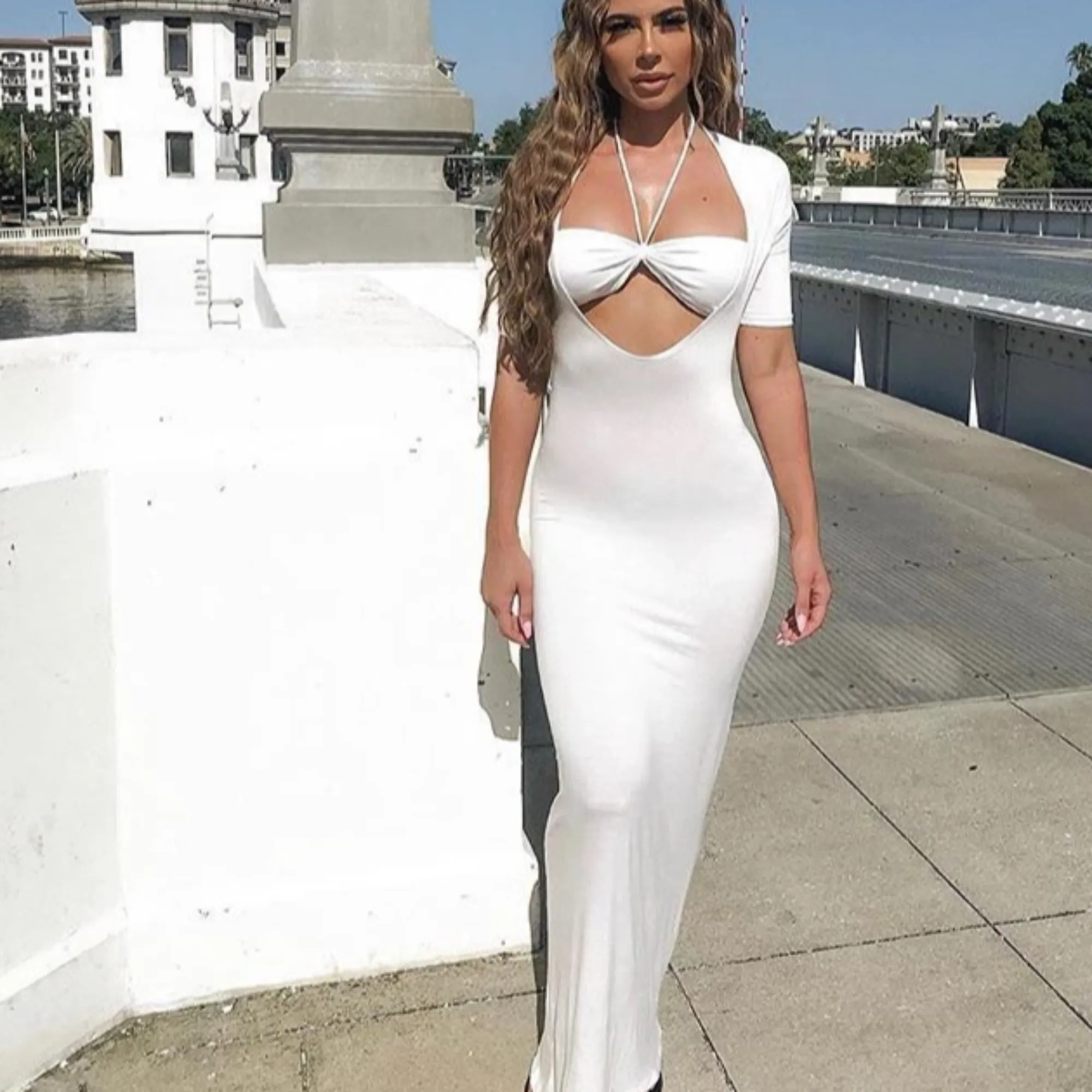 Women's Summer Short-Sleeved Sheath Polyester Long Dress