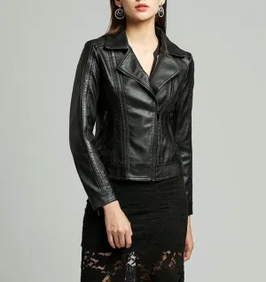 Womens Zipper Detail Faux Leather Biker Jacket