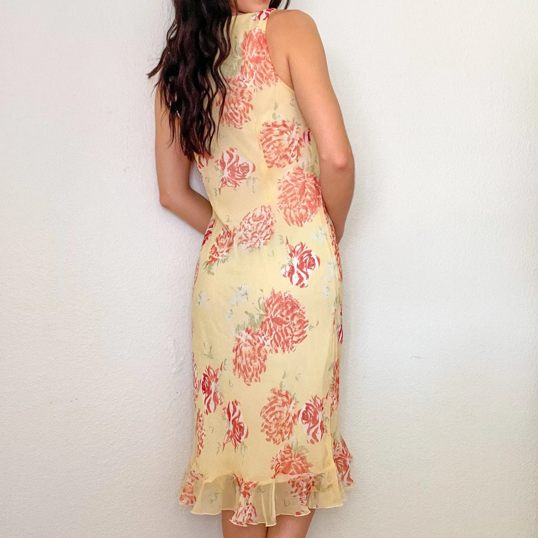 Yellow 90s Floral Summer Midi Dress