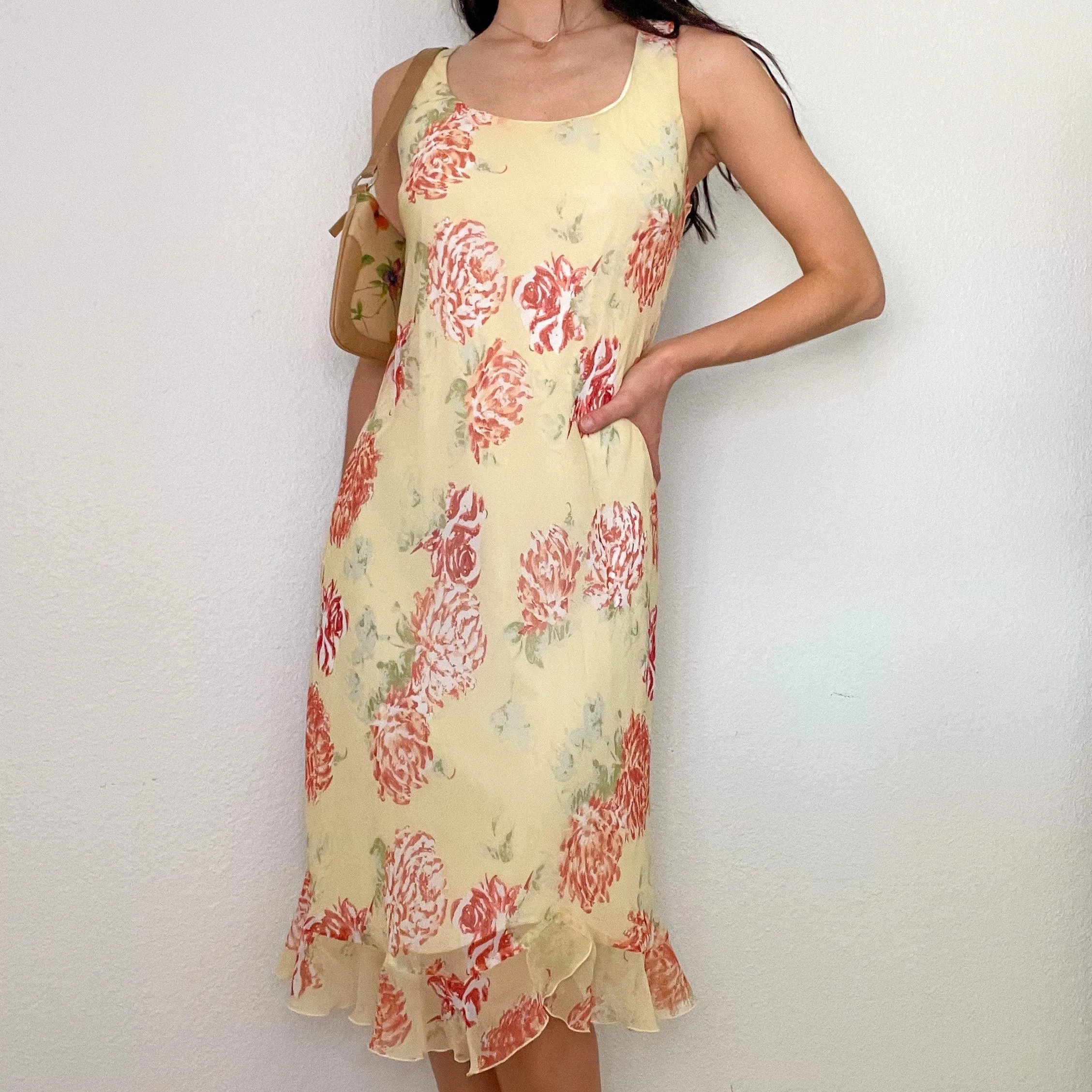 Yellow 90s Floral Summer Midi Dress